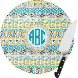 Abstract Teal Stripes Round Glass Cutting Board - Small (Personalized)