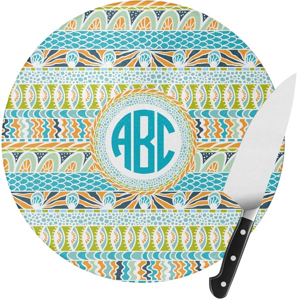 Custom Abstract Teal Stripes Round Glass Cutting Board - Small (Personalized)