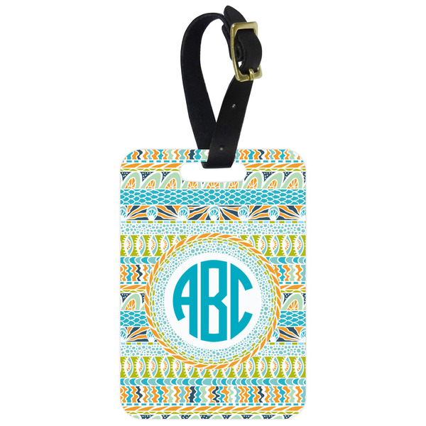 Custom Abstract Teal Stripes Metal Luggage Tag w/ Monogram