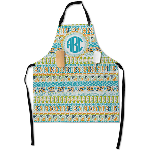 Custom Abstract Teal Stripes Apron With Pockets w/ Monogram