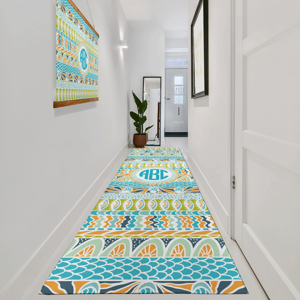 Abstract Teal Stripes Area Rug Sizes - In Context (vertical)