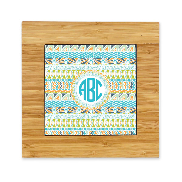 Custom Abstract Teal Stripes Bamboo Trivet with Ceramic Tile Insert (Personalized)