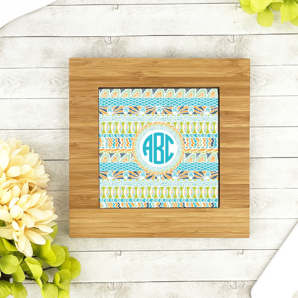 Abstract Teal Stripes Bamboo Trivet with 6" Tile - LIFESTYLE