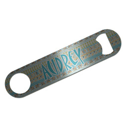 Abstract Teal Stripes Bar Bottle Opener - Silver w/ Monogram