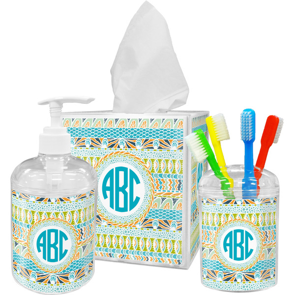 Abstract Teal Stripes Bathroom Accessories Set (Personalized)