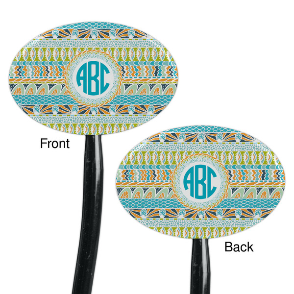 Abstract Teal Stripes Black Plastic 7" Stir Stick - Double Sided - Oval - Front & Back