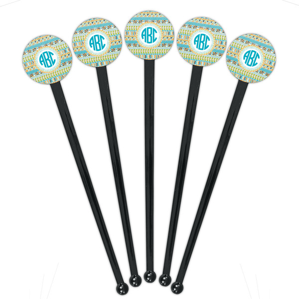 Abstract Teal Stripes Black Plastic 7" Stir Stick - Round - Fan View