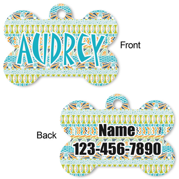 Abstract Teal Stripes Bone Shaped Dog Tag - Front & Back