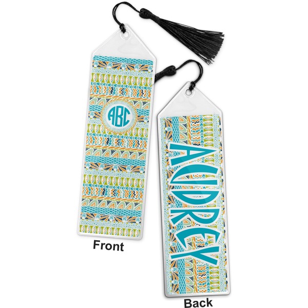 Abstract Teal Stripes Bookmark with tassel - Front and Back