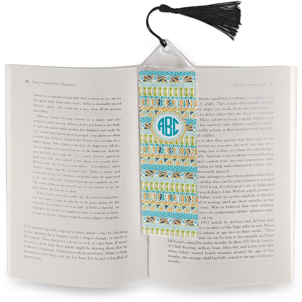 Abstract Teal Stripes Bookmark with tassel - In book