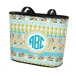 Abstract Teal Stripes Bucket Tote w/ Genuine Leather Trim (Personalized)