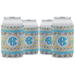 Abstract Teal Stripes Can Cooler (12 oz) - Set of 4 w/ Monogram