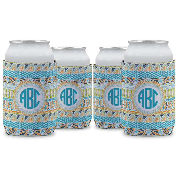 Custom Abstract Teal Stripes Can Cooler (12 oz) - Set of 4 w/ Monogram