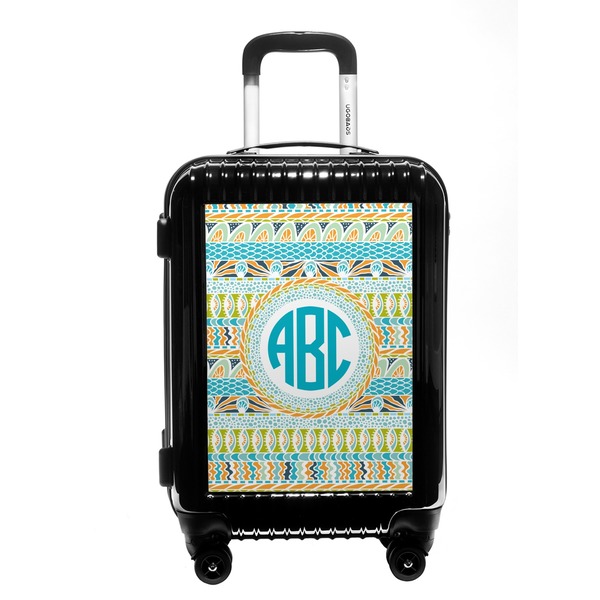 Custom Abstract Teal Stripes Carry On Hard Shell Suitcase (Personalized)