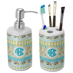 Abstract Teal Stripes Ceramic Bathroom Accessories Set (Personalized)