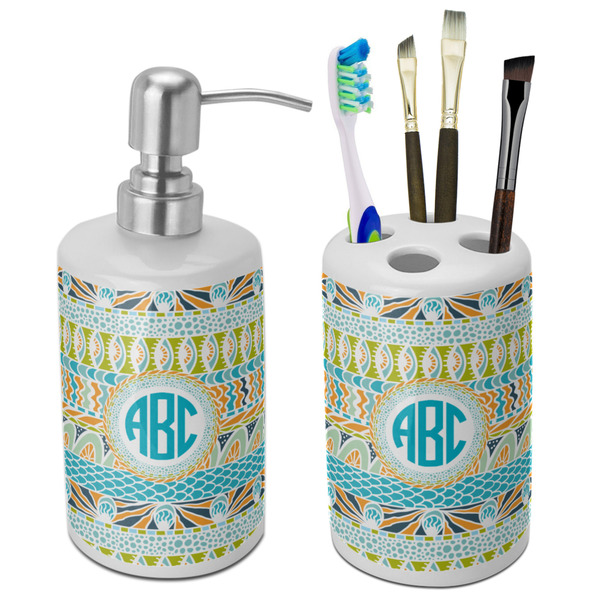 Custom Abstract Teal Stripes Ceramic Bathroom Accessories Set (Personalized)