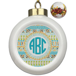 Abstract Teal Stripes Ceramic Ball Ornaments - Poinsettia Garland (Personalized)