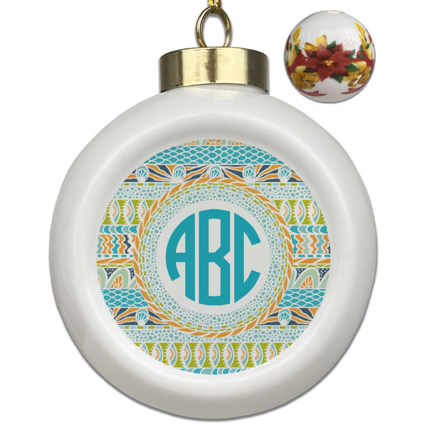 Custom Abstract Teal Stripes Ceramic Ball Ornaments - Poinsettia Garland (Personalized)