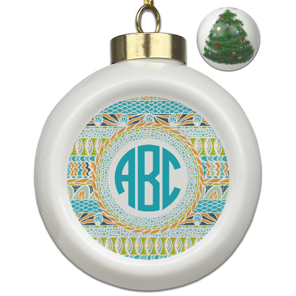 Custom Abstract Teal Stripes Ceramic Ball Ornament - Christmas Tree (Personalized)