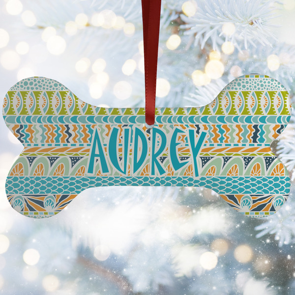 Custom Abstract Teal Stripes Ceramic Dog Ornament w/ Monograms