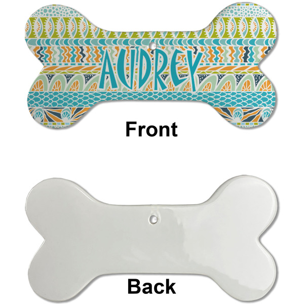 Abstract Teal Stripes Ceramic Flat Ornament - Bone Front & Back Single Print (APPROVAL)