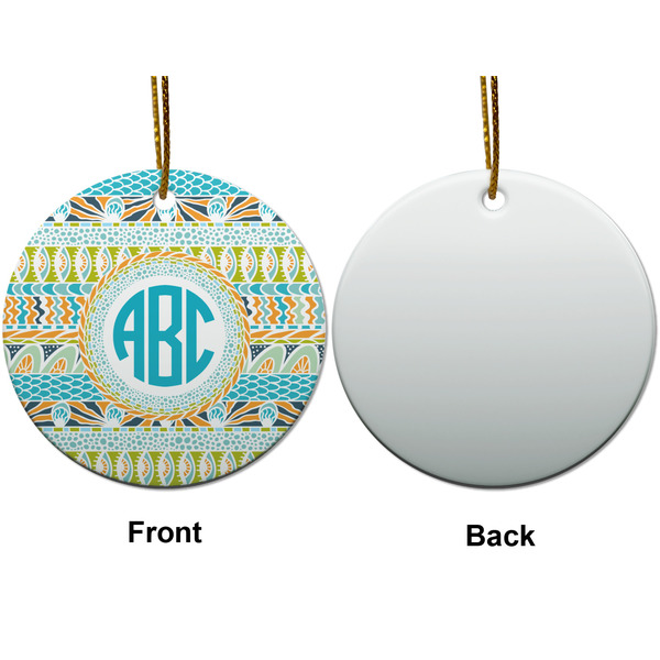 Abstract Teal Stripes Ceramic Flat Ornament - Circle Front & Back (APPROVAL)