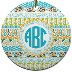 Abstract Teal Stripes Round Ceramic Ornament w/ Monogram