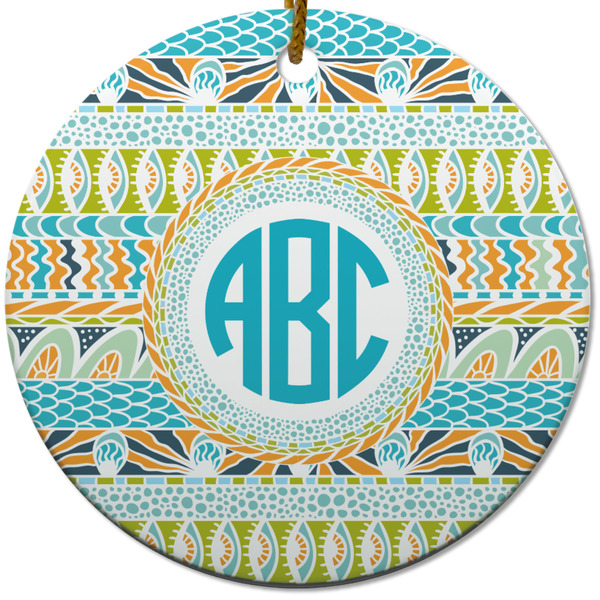 Custom Abstract Teal Stripes Round Ceramic Ornament w/ Monogram