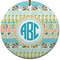 Abstract Teal Stripes Round Ceramic Ornament w/ Monogram