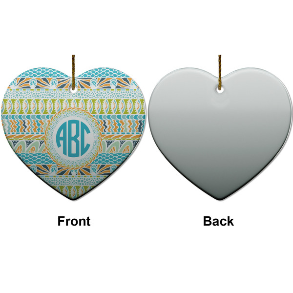 Abstract Teal Stripes Ceramic Flat Ornament - Heart Front & Back (APPROVAL)