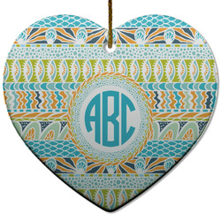 Abstract Teal Stripes Heart Ceramic Ornament w/ Monogram