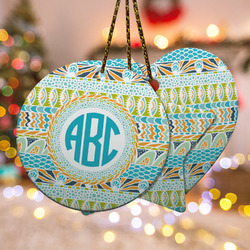 Abstract Teal Stripes Ceramic Ornament w/ Monogram
