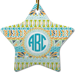Abstract Teal Stripes Star Ceramic Ornament w/ Monogram
