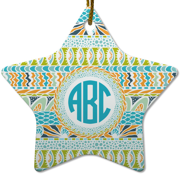 Custom Abstract Teal Stripes Star Ceramic Ornament w/ Monogram
