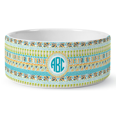 Abstract Teal Stripes Ceramic Dog Bowl - Medium (Personalized)