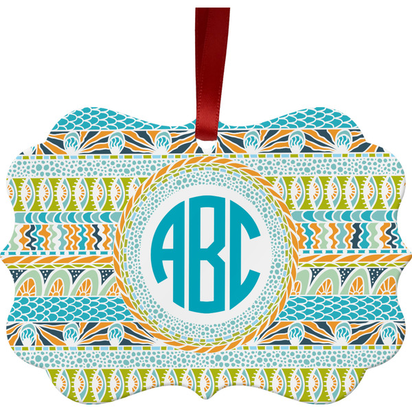 Custom Abstract Teal Stripes Metal Frame Ornament - Double Sided w/ Monogram