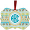 Abstract Teal Stripes Metal Frame Ornament - Double Sided w/ Monogram