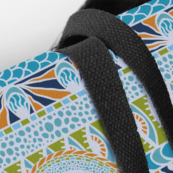 Abstract Teal Stripes Closeup of Tote w/Black Handles