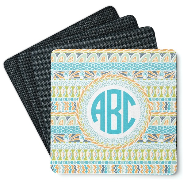 Custom Abstract Teal Stripes Square Rubber Backed Coasters - Set of 4 (Personalized)