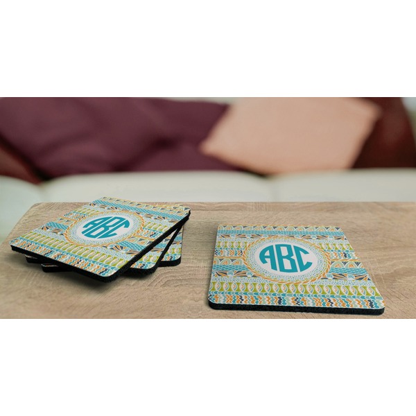 Abstract Teal Stripes Coaster Rubber Back - On Coffee Table