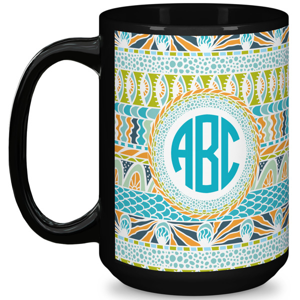 Custom Abstract Teal Stripes 15 Oz Coffee Mug - Black (Personalized)