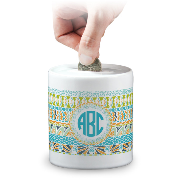 Custom Abstract Teal Stripes Coin Bank (Personalized)