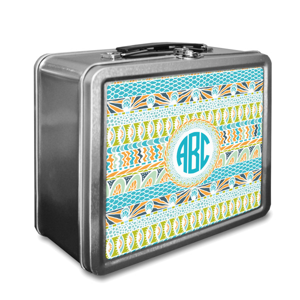 Custom Abstract Teal Stripes Lunch Box w/ Monogram