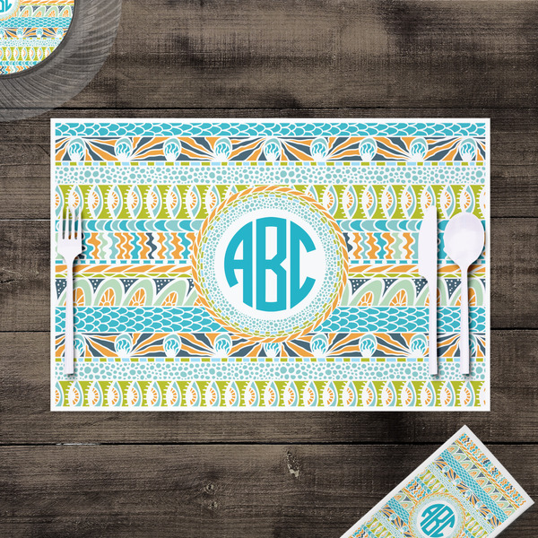 Abstract Teal Stripes Disposable Paper Placemat - In Context