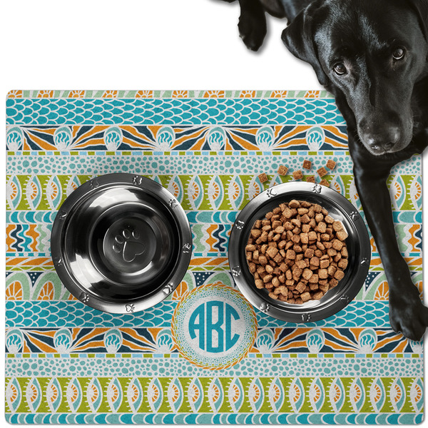Custom Abstract Teal Stripes Dog Food Mat - Large w/ Monogram
