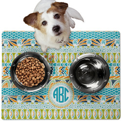 Abstract Teal Stripes Dog Food Mat - Medium w/ Monogram