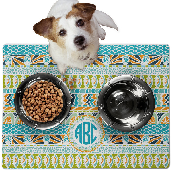 Custom Abstract Teal Stripes Dog Food Mat - Medium w/ Monogram