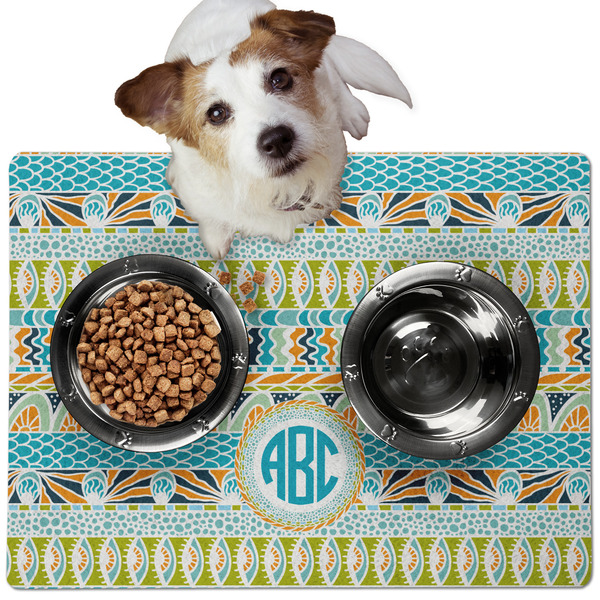 Abstract Teal Stripes Dog Food Mat - Medium LIFESTYLE