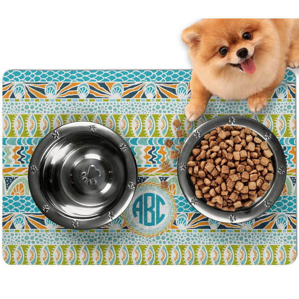 Custom Abstract Teal Stripes Dog Food Mat - Small w/ Monogram