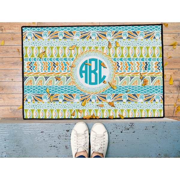 Abstract Teal Stripes Door Mat - LIFESTYLE (Med)